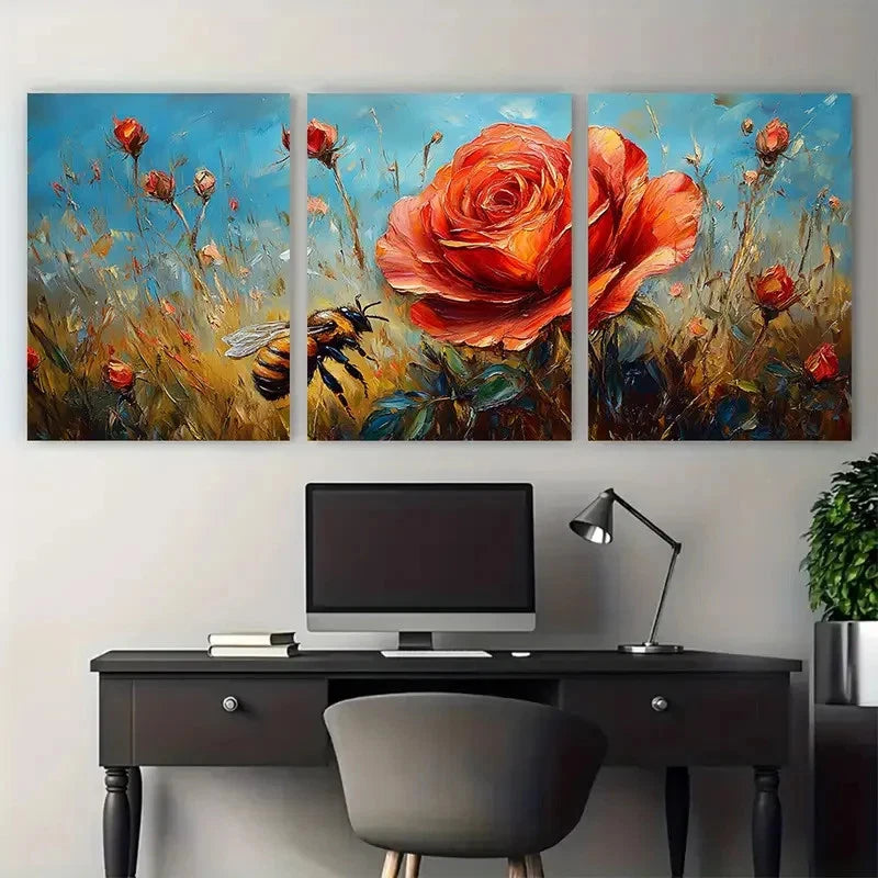 3pcs Red Rose Dog Floral Impasto Meadow Perfect Wall Art Set Canvas Framed 40x60cm - High Quality Print 100% Australian Made Wall Canvas Ready to Hang