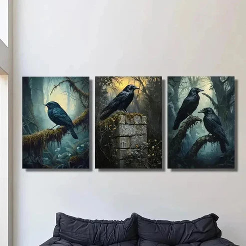 3pcs Gothic Forest Triptych with Crow Wall Art Set Canvas Unframed - High Quality Print 100% Australian Made Wall Canvas