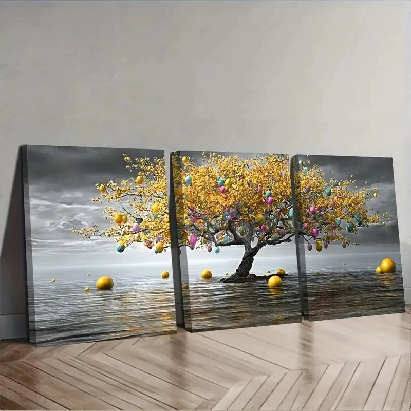 3pcs Golden Leaves Glowing Orbs & Ocean Wall Art Set Canvas Framed 40x60cm - High Quality Print 100% Australian Made Wall Canvas Ready to Hang