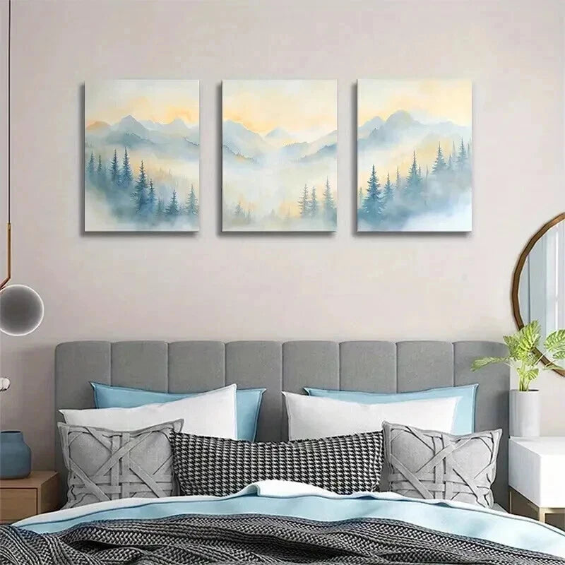 3pcs Misty Mountain Forest Sunrise Wall Art Set Canvas Framed 40x60cm - High Quality Print 100% Australian Made Wall Canvas Ready to Hang