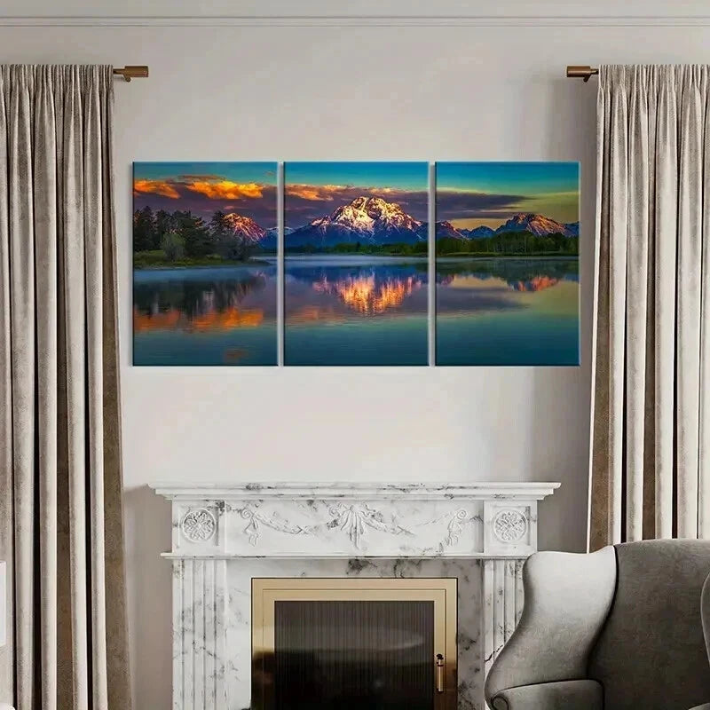 3pcs Mountains Lakes Sun Reflection on Water Wall Art Set Canvas Framed 40x60cm - High Quality Print 100% Australian Made Wall Canvas Ready to Hang