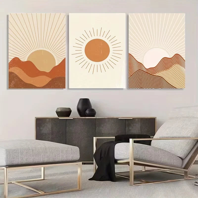 3pcs Bohemian Abstract Sun Wall Art Set Canvas Framed 60x90cm - High Quality Print 100% Australian Made Wall Canvas Ready to Hang