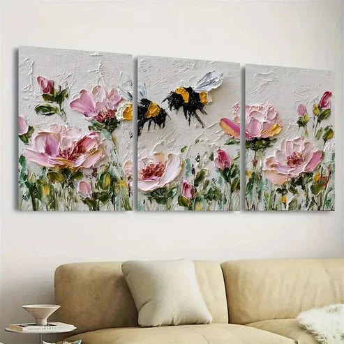 3pcs Bumblebee Art Pink Rose Flower Wall Art Canvas Unframed - High Quality Print 100% Australian Made Wall Canvas