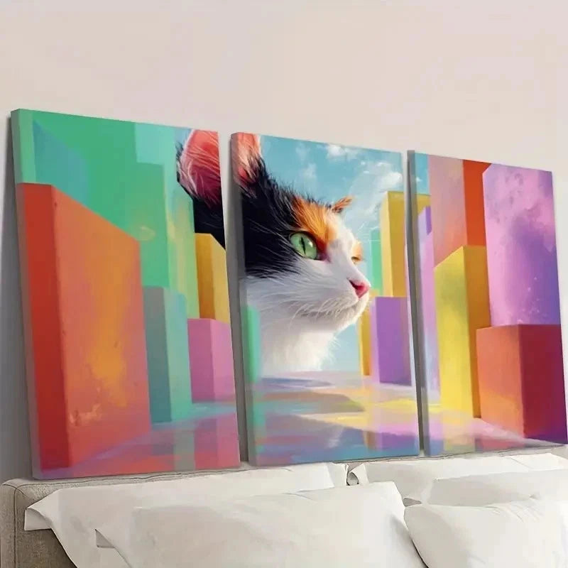 3pcs Vibrant Cat & Cityscape Wall Art Set Canvas Framed 50x70cm - High Quality Print 100% Australian Made Wall Canvas Ready to Hang
