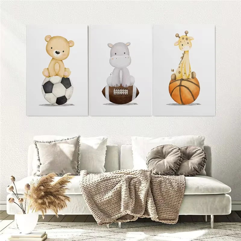 3pcs Sports Safari Animal Watercolor Wall Art Set Canvas Framed 50x70cm - High Quality Print 100% Australian Made Wall Canvas Ready to Hang
