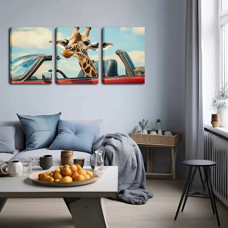 3pcs Whimsical Giraffe Red Convertible Perfect Wall Art Set Canvas Framed 40x60cm - High Quality Print 100% Australian Made Wall Canvas Ready to Hang