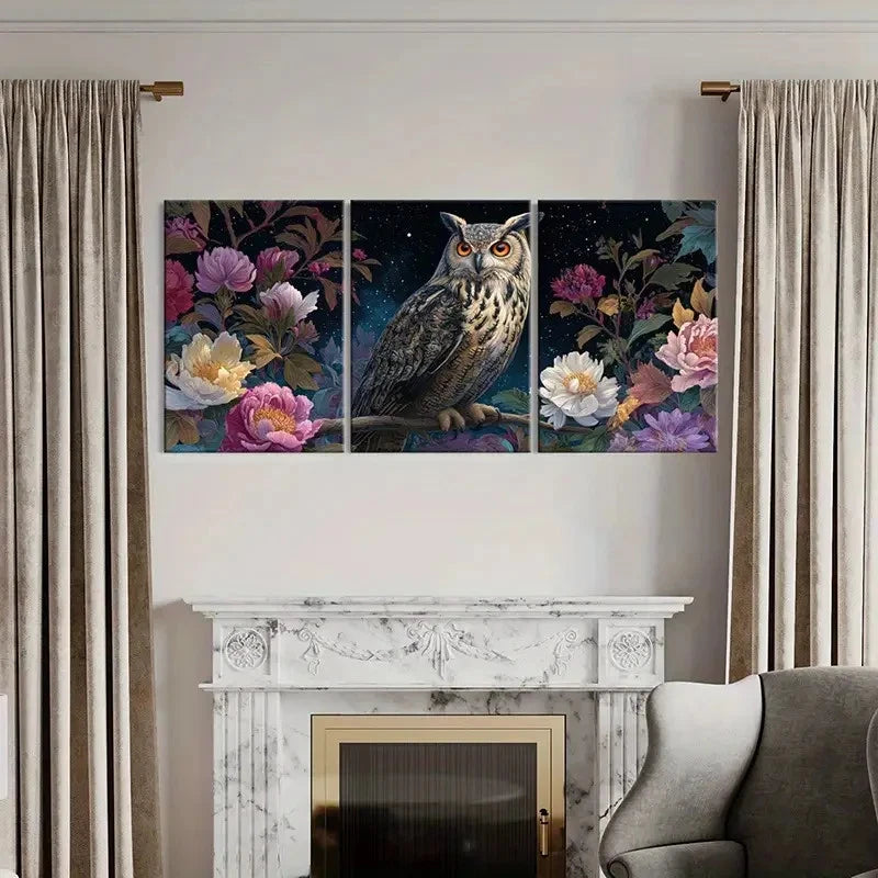 3pcs Owl Floral Design Night Sky Decor Wall Art Set Canvas Framed 60x90cm - High Quality Print 100% Australian Made Wall Canvas Ready to Hang