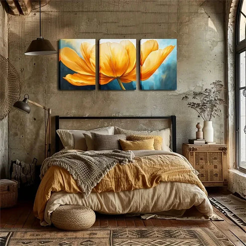 3pcs Yellow Tulip on Blue Background Perfect Wall Art Canvas Unframed - High Quality Print 100% Australian Made Wall Canvas