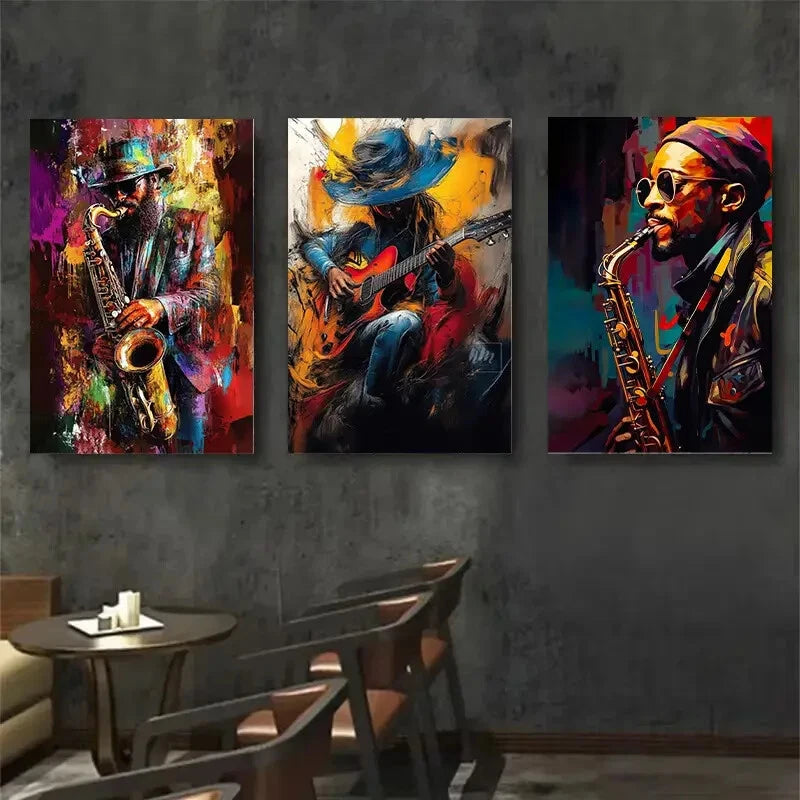 3pcs Vibrant Abstract Saxophone & Guitar Perfect Wall Art Set Canvas Framed 40x60cm - High Quality Print 100% Australian Made Wall Canvas Ready to Hang