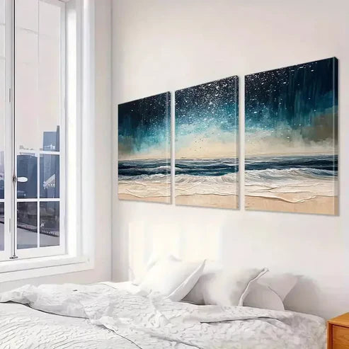 3pcs Abstract Night Beach Waves Classic Canvas Unframed - High Quality Print 100% Australian Made Wall Canvas