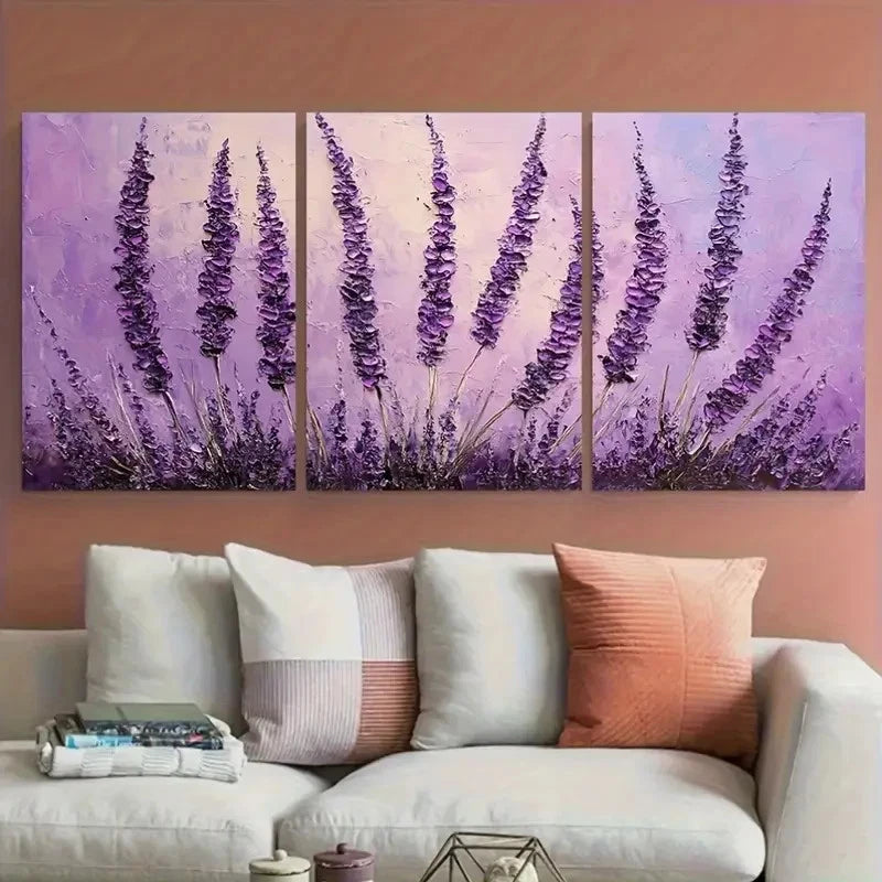 3pcs Lavender Flower Purple Floral Perfect Wall Art Set Canvas Framed 40x60cm - High Quality Print 100% Australian Made Wall Canvas Ready to Hang