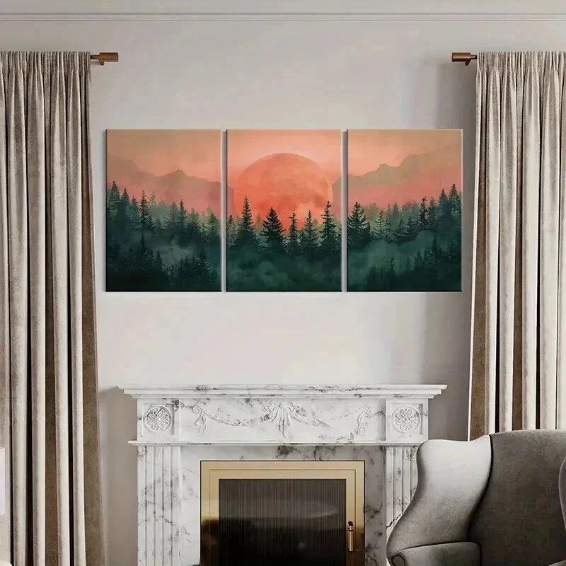 3pcs Sunset Forest Mountains Vintage Wall Art Set Canvas Framed 40x60cm - High Quality Print 100% Australian Made Wall Canvas Ready to Hang