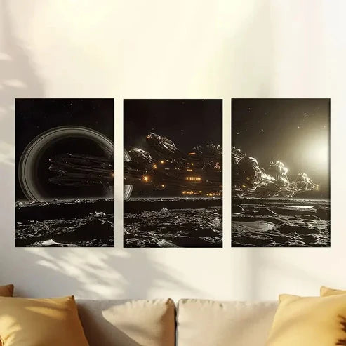 3pcs Starship Illustrations with Planets and Nebulae Wall Art Canvas Unframed - High Quality Print 100% Australian Made Wall Canvas