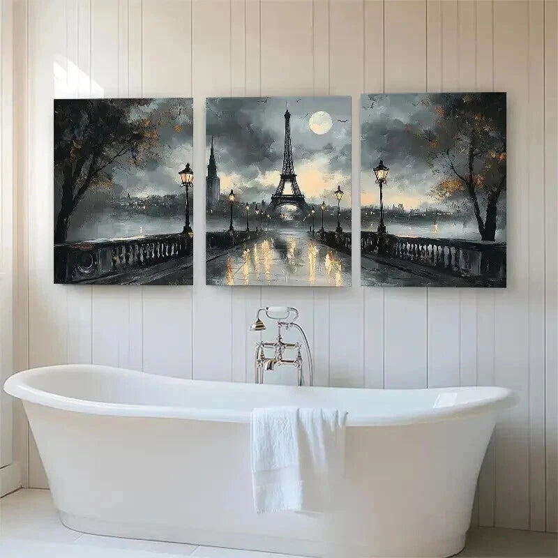 3pcs Paris Eiffel Tower Romantic Rainy Perfect Wall Art Set Canvas Framed 50x70cm - High Quality Print 100% Australian Made Wall Canvas Ready to Hang