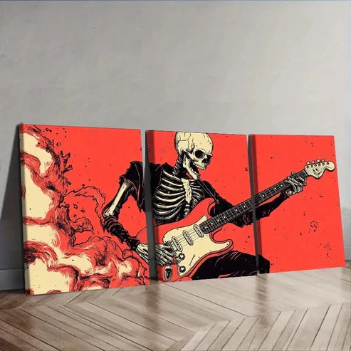 3pcs A skeleton playing an electric guitar Wall Art Set Canvas Unframed - High Quality Print 100% Australian Made Wall Canvas