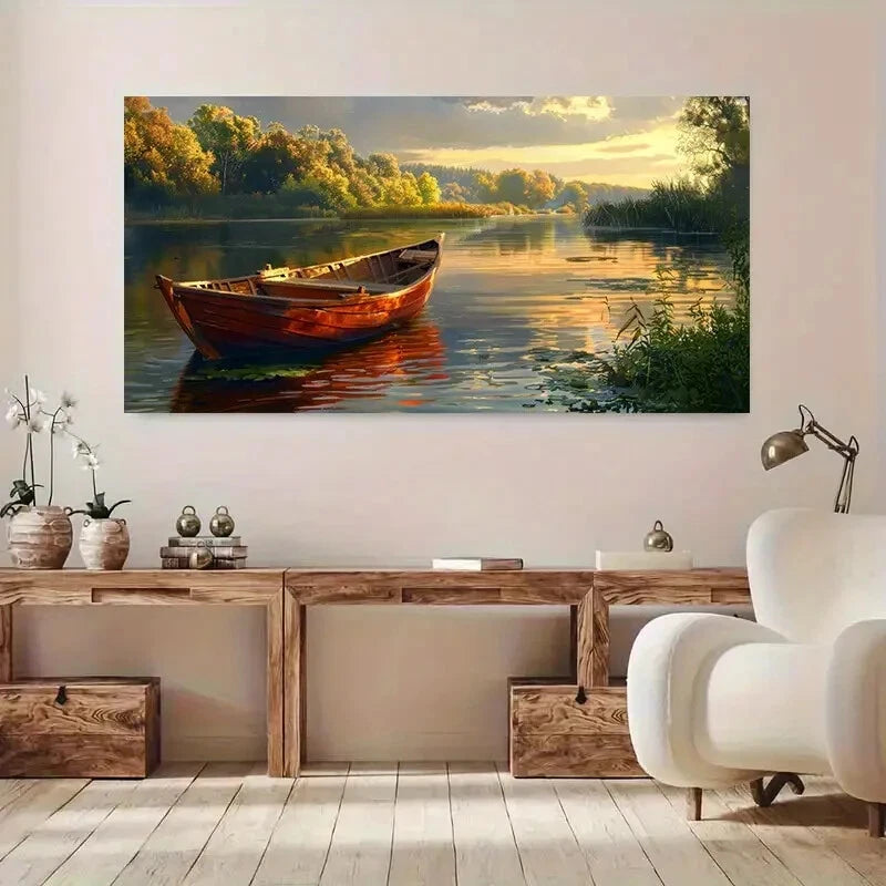 River sunset lonely boat wall canvas office home room framed 120x60cm
