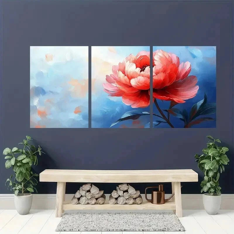 3pcs Blue & Orange Peony Floral Background Wall Art Set Canvas Framed 40x60cm - High Quality Print 100% Australian Made Wall Canvas Ready to Hang
