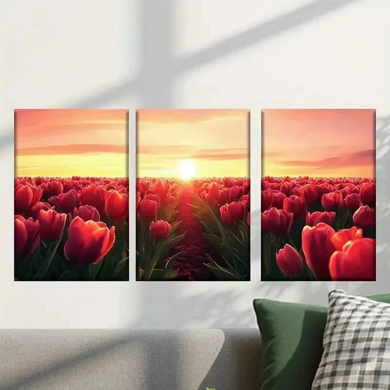 3pcs Sunset Scenery with Red Rose Field Wall Art Set Canvas Framed 40x60cm - High Quality Print 100% Australian Made Wall Canvas Ready to Hang