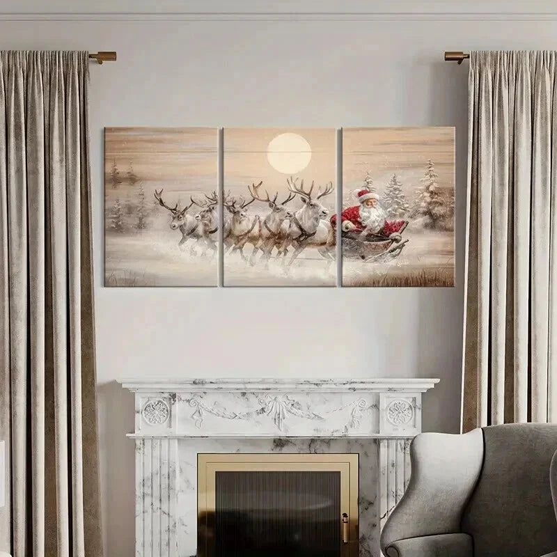 3pcs Santa Claus Reindeer Sleigh Moonlight Wall Art Set Canvas Framed 40x60cm - High Quality Print 100% Australian Made Wall Canvas Ready to Hang
