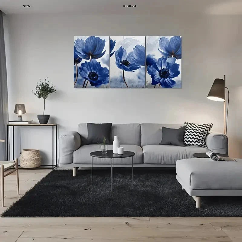 3pcs Blue Anemone Flower Themed Wall Art Set Canvas Framed 60x90cm - High Quality Print 100% Australian Made Wall Canvas Ready to Hang