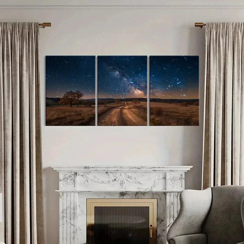 3pcs Night Scene Road Under The Star Wall Art Set Canvas Framed 40x60cm - High Quality Print 100% Australian Made Wall Canvas Ready to Hang