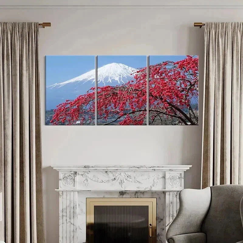3pcs Japanese Mount Fuji with Vibrant Red Cherry Wall Art Set Canvas Framed 40x60cm - High Quality Print 100% Australian Made Wall Canvas Ready to Hang
