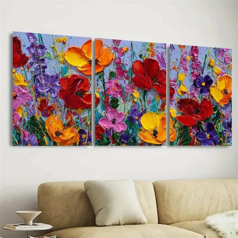 3pcs Colorful Meadow Floral Wall Art Set Canvas Framed 50x70cm - High Quality Print 100% Australian Made Wall Canvas Ready to Hang