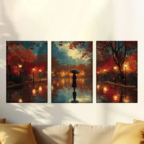 3pcs Vibrant Park Landscape Women and Umbrellas Wall Art Canvas Unframed - High Quality Print 100% Australian Made Wall Canvas