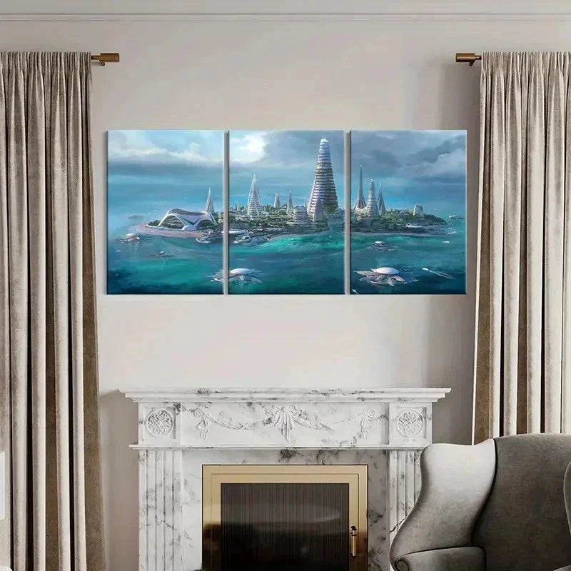 3pcs Futuristic Sci-Fi Island Scene Wall Art Set Canvas Framed 40x60cm - High Quality Print 100% Australian Made Wall Canvas Ready to Hang