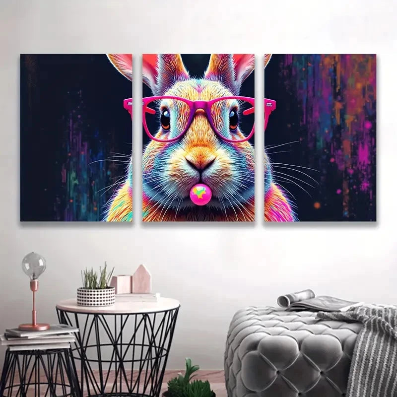 3pcs Colorful Bunny with Glasses Decor Wall Art Set Canvas Framed 60x90cm - High Quality Print 100% Australian Made Wall Canvas Ready to Hang