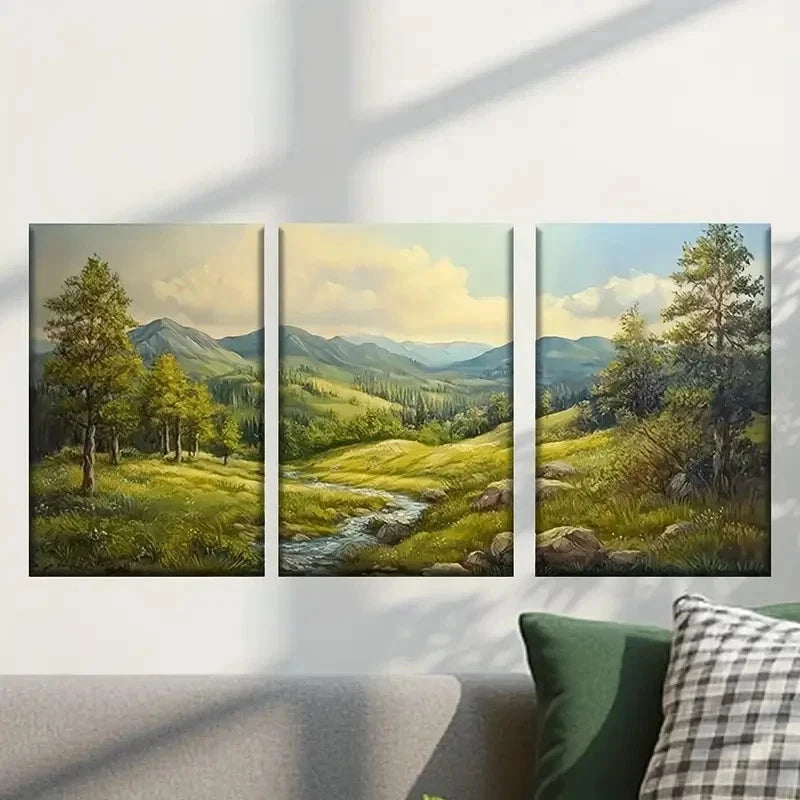 3pcs Mountain Scene with a Stream Wall Art Set Canvas Framed 40x60cm - High Quality Print 100% Australian Made Wall Canvas Ready to Hang