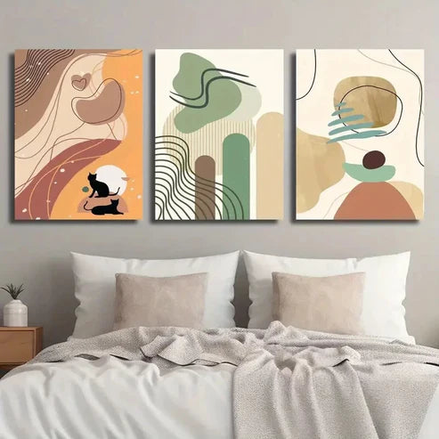 3pcs Animal Cat Illustration Stylish Wall Art Set Canvas Unframed - High Quality Print 100% Australian Made Wall Canvas
