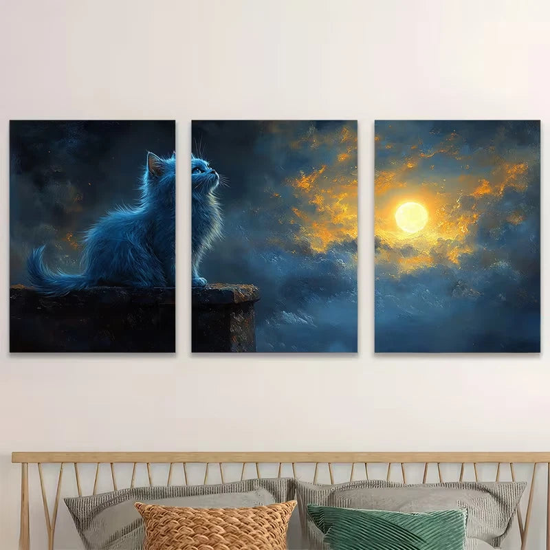 3pcs Mystical Russian Blue Cat & Moonlit Sky Metal Print Ready to Hang Art