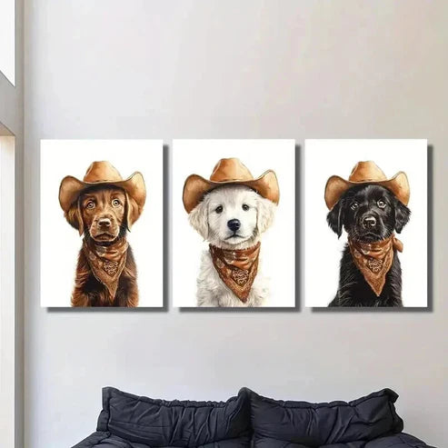 3pcs Dog Wearing a Cowboy Hat Decoration Wall Art Set Canvas Unframed - High Quality Print 100% Australian Made Wall Canvas