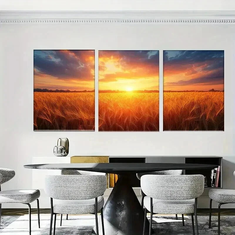 3pcs Sunset Glow Over Golden Wheat Field Wall Art Set Canvas Framed 40x60cm - High Quality Print 100% Australian Made Wall Canvas Ready to Hang