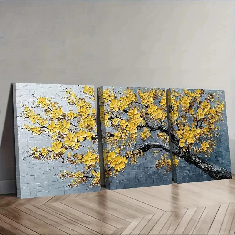Three-panel wall art of a tree with yellow leaves on a gray background