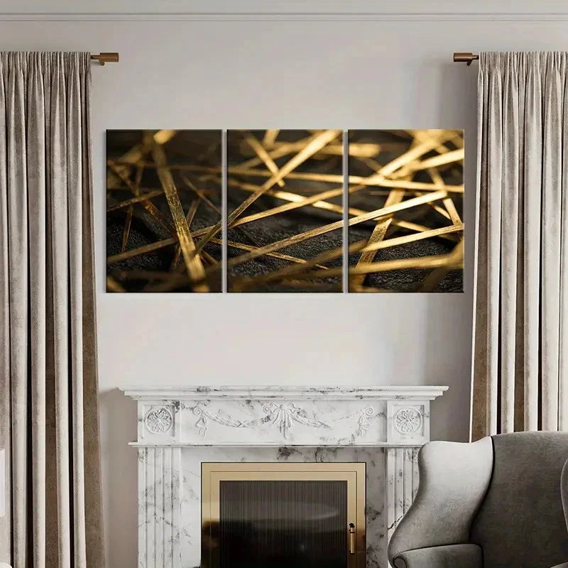 3pcs Golden Stripes Abstract Art Decor Wall Art Set Canvas Framed 60x90cm - High Quality Print 100% Australian Made Wall Canvas Ready to Hang