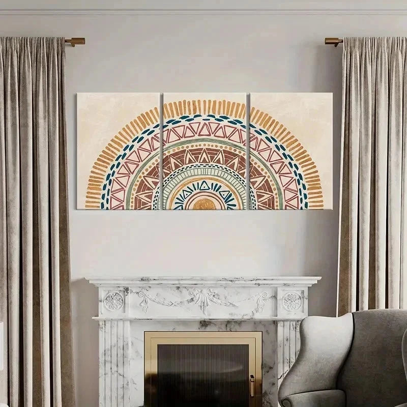 3pcs Bohemian Blue Green Orange & White Patterns Wall Art Set Canvas Framed 40x60cm - High Quality Print 100% Australian Made Wall Canvas Ready to Hang
