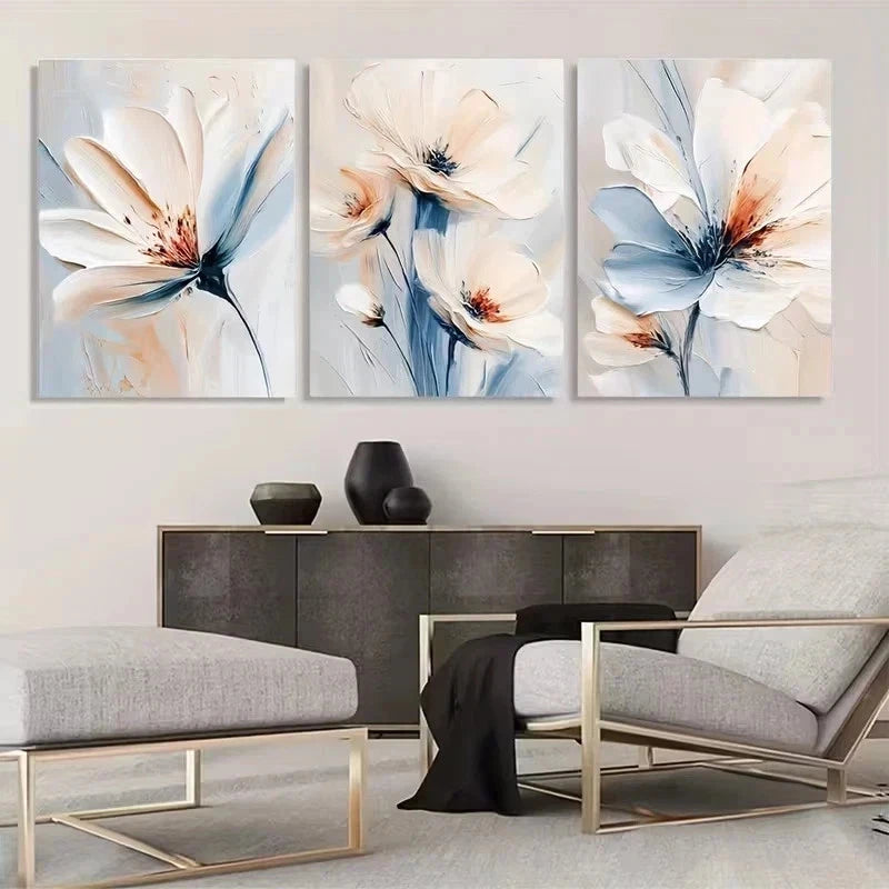 3pcs Light Blue Flowers Modern Plant Metal Print Ready to Hang Art