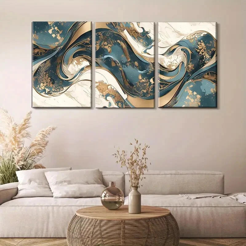 3pcs Golden & White Waves Dynamic Perfect Wall Art Set Canvas Framed 40x60cm - High Quality Print 100% Australian Made Wall Canvas Ready to Hang
