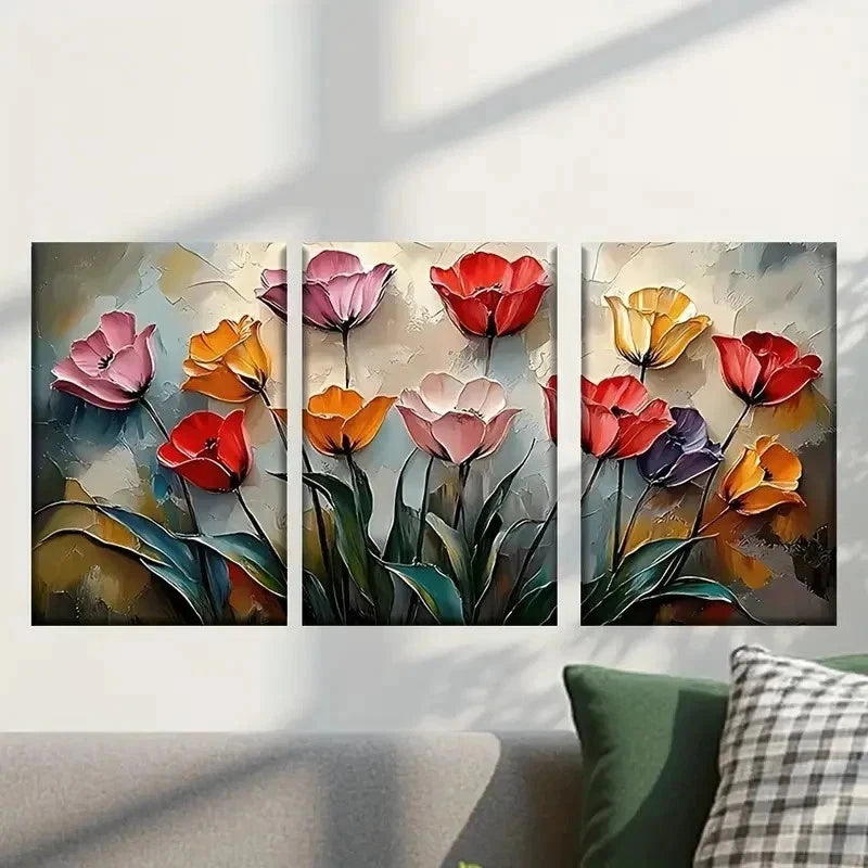 3pcs Colorful Tulip Flowers Painting Wall Art Set Canvas Framed 40x60cm - High Quality Print 100% Australian Made Wall Canvas Ready to Hang