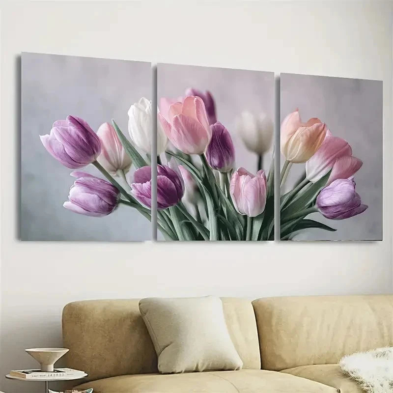 3pcs Dainty Tulip Soft Pastel Floral Wall Art Set Canvas Framed 40x60cm - High Quality Print 100% Australian Made Wall Canvas Ready to Hang