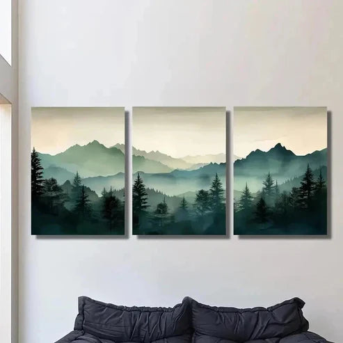 3pcs Foggy Mountains and Forest Landscape Wall Art Set Canvas Unframed - High Quality Print 100% Australian Made Wall Canvas