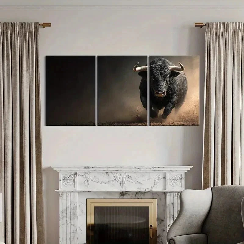 3pcs Black Bull Running Dusty Arena Art Wall Art Set Canvas Framed 40x60cm - High Quality Print 100% Australian Made Wall Canvas Ready to Hang