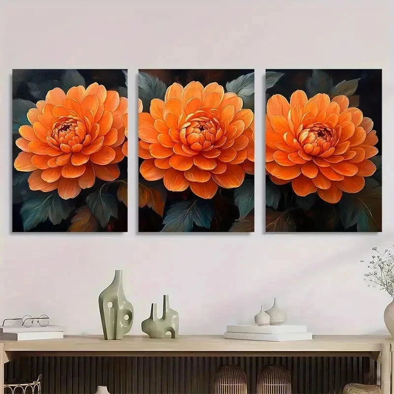 3pcs Orange Chrysanthemum Flower White Perfect Wall Art Set Canvas Framed 40x60cm - High Quality Print 100% Australian Made Wall Canvas Ready to Hang