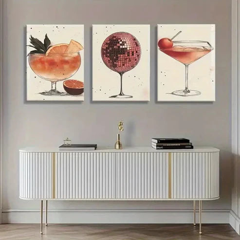 3pcs Cocktail Disco Ball Martini Glass Perfect Wall Art Canvas Unframed - High Quality Print 100% Australian Made Wall Canvas