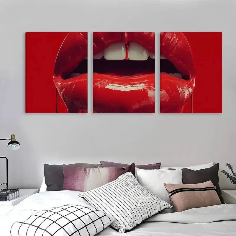 3pcs Vibrant Red Lips Glossy Liquid Drip Wall Art Set Canvas Framed 60x90cm - High Quality Print 100% Australian Made Wall Canvas Ready to Hang