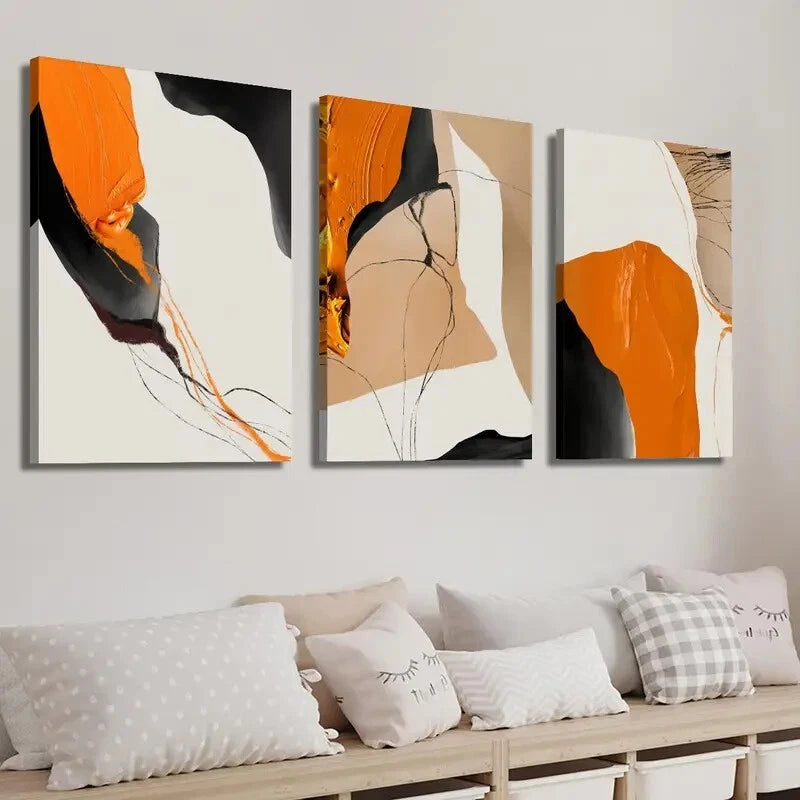 3pcs Orange Black & White Brushstroke Perfect Wall Art Set Canvas Framed 40x60cm - High Quality Print 100% Australian Made Wall Canvas Ready to Hang