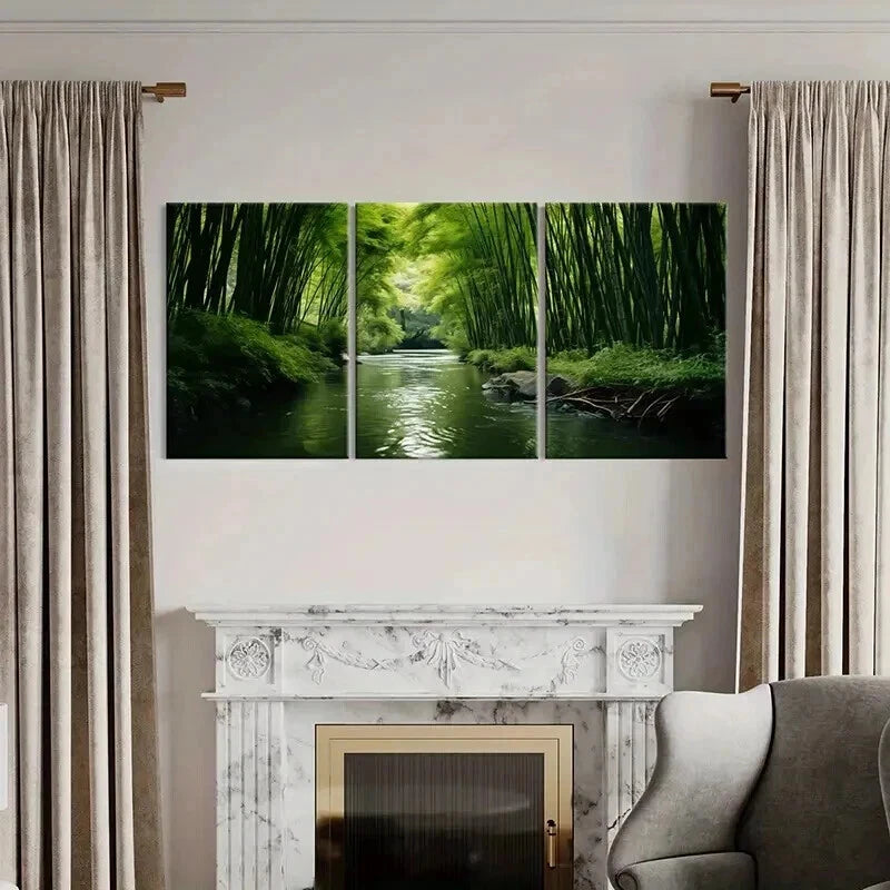 3pcs Green Bamboo Forest and River Wall Art Set Canvas Framed 40x60cm - High Quality Print 100% Australian Made Wall Canvas Ready to Hang