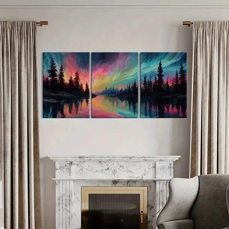 3pcs Abstract Northern Lights Forest Reflection Wall Art Set Canvas Framed 60x90cm - High Quality Print 100% Australian Made Wall Canvas Ready to Hang